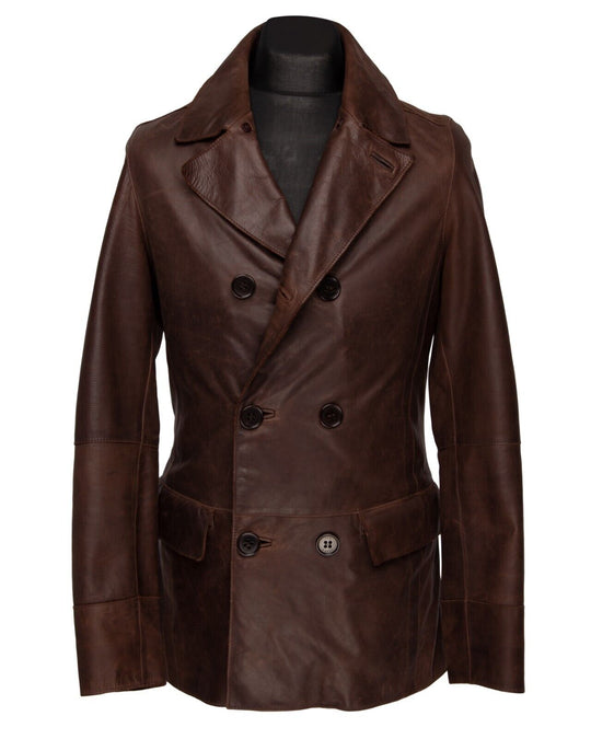 TED BAKER Jacket Brown Leather Men's Double Breasted Blazer Size 2 / ~M