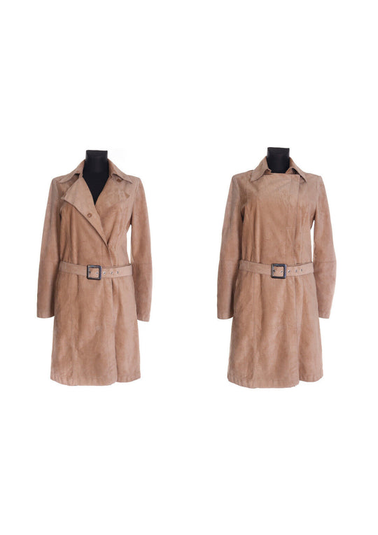 Women's UNITED COLORS OF BENETTON Beige Leather Belted Trench Coat Size 44