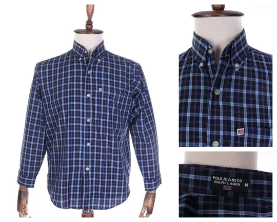 Men's POLO JEANS RALPH LAUREN Navy Blue 100% Cotton Check LS Shirt Size M