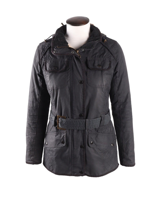 BARBOUR Bullfinch Black Waxed Cotton Women Belted Jacket Size UK 10 US 6