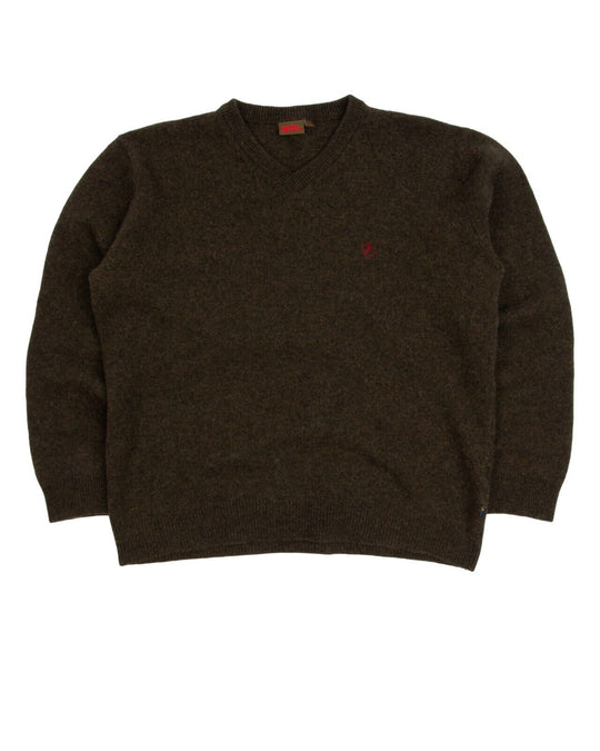 FJALLRAVEN V-Neck Sweater Khaki Green Wool Men's Knit Pullover Size XL