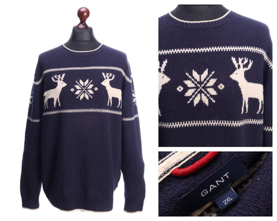 GANT Navy Lambswool Deer Fair Isle Crew Neck Sweater Jumper Size 2XL
