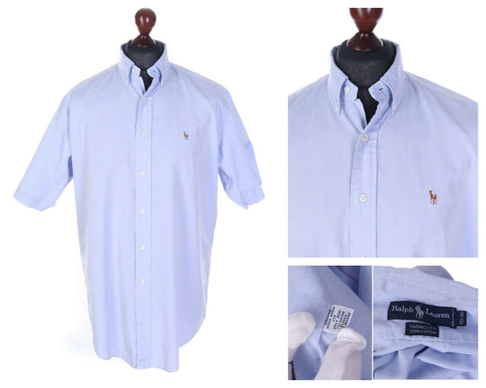 Men's RALPH LAUREN Yarmouth Blue 100% Cotton Short Sleeve Shirt Size 15,5 / 34
