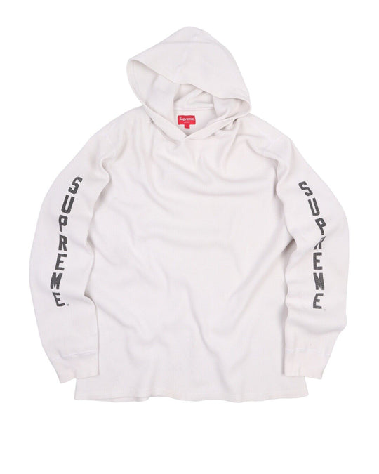 SUPREME Hoodie Pullover White Cotton Waffle Sleeve Logo Men's Jumper Size L