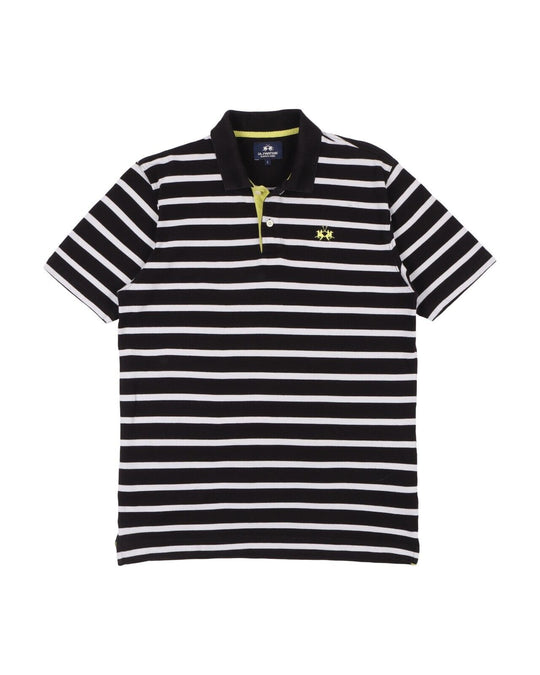 LA MARTINA Polo Shirt Black White Striped Cotton Short Sleeve Mens Size L