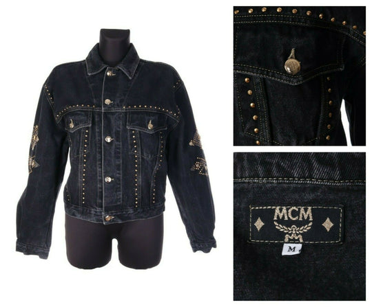 Women's MCM Vintage Black Cropped Cotton Denim Stud Embellished Jacket Size M