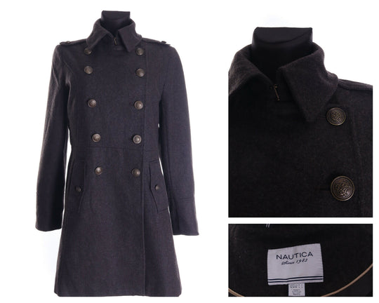 Women's NAUTICA Brown Wool Blend Double-Breasted Mid-Length Coat Overcoat Size M