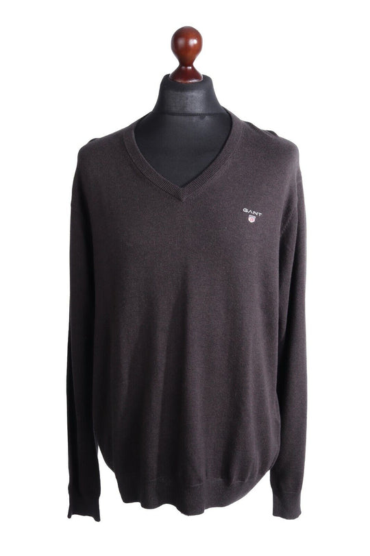 Men's GANT Grey Cotton Wool V-Neck Jumper Size XL