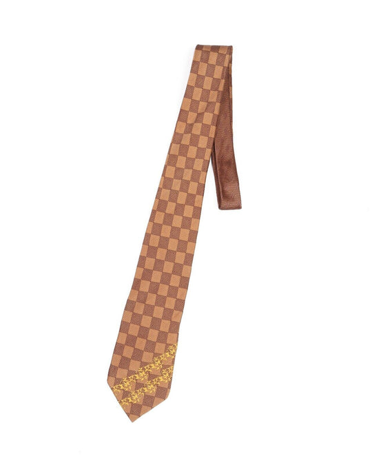VERSACE Tie Brown Check Baroque Leaves Silk Men's Woven Necktie