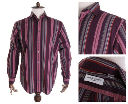 Men's YVES SAINT LAURENT Burgundy Striped Cotton Blend LS Dress Shirt Size M