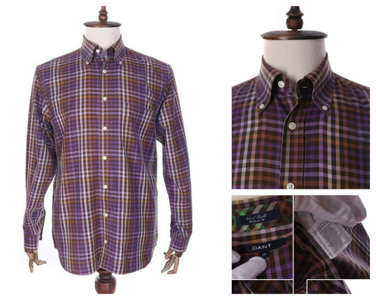 Men'S GANT Purple Check 100% Cotton 80'S Twill Regular LS Shirt Size M