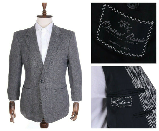 Men's CHESTER BARRIE Grey 100% Cashmere Herringbone Jacket Blazer Hand Tailored
