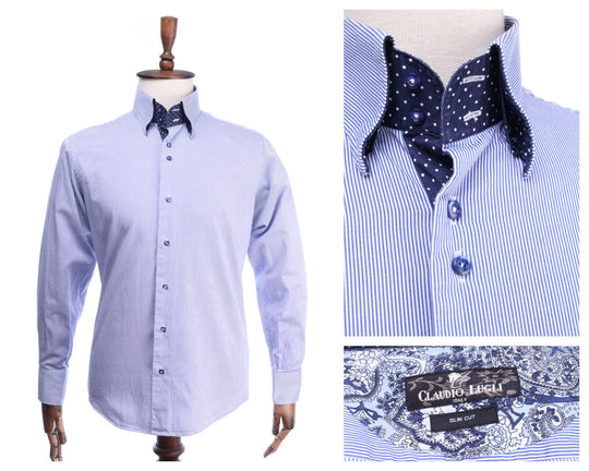 CLAUDIO LUGLI Italy Blue Striped Cotton Slim Cut Shirt Size L