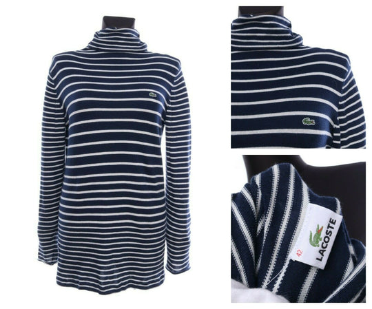 Women's LACOSTE Navy Dark Blue Naval Striped Turtleneck Sweater Size 42