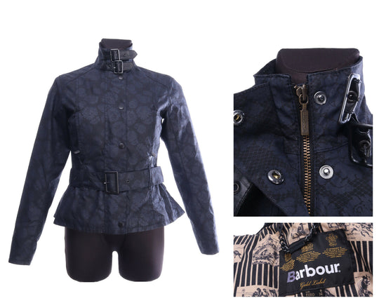 BARBOUR Gold Label Black Waxed Cotton Floral Courbette Jacket Size uk 8 us 4