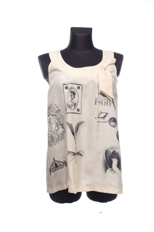 NICE THINGS Beige 100% Silk Bow Printed Sleeveless Blouse Top Size 42