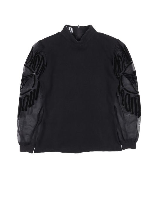 JEAN PAUL Long Sleeve Top Black Mesh Sleeve Spell Out Womens Y2K Size 44