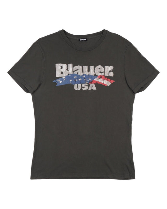 BLAUER T-Shirt Gray Cotton Men's USA Flag Logo Short Sleeve Size L