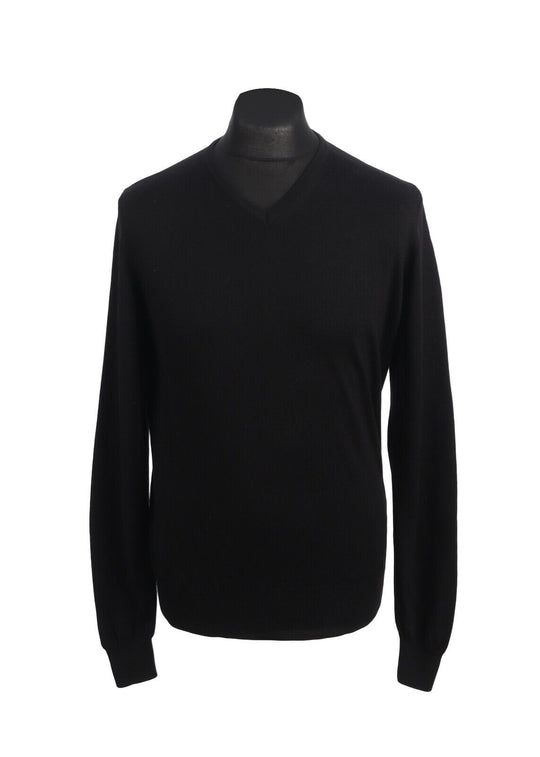 BURBERRY Jumper Black Merino Wool Men's V Neck Pullover Size S