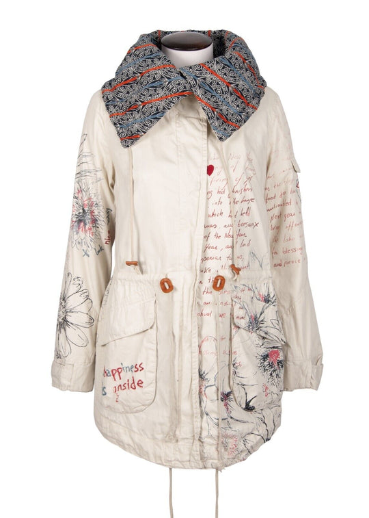 DESGUAL Coat Beige Text Printed Womens Lined Jacket Size 36