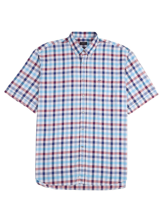 PAUL & SHARK Shirt Blue Check Cotton Short Sleeve Mens Size 46 / 3XL