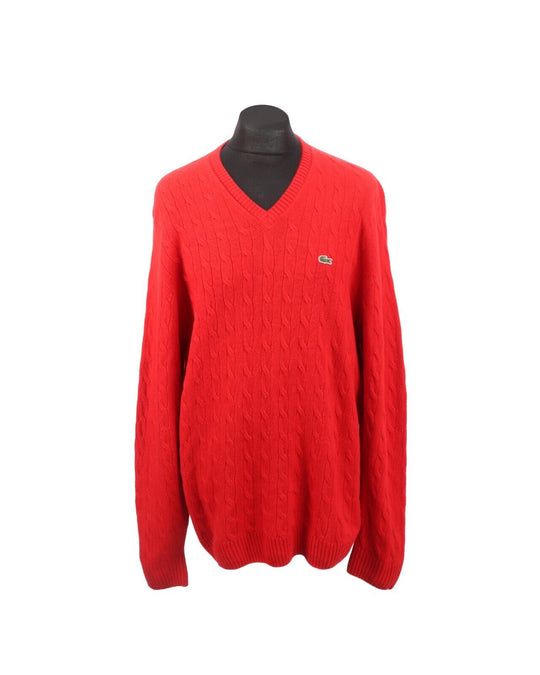 LACOSTE Jumper  Red Cable Knit Men's V Neck Size 8 / 3XL