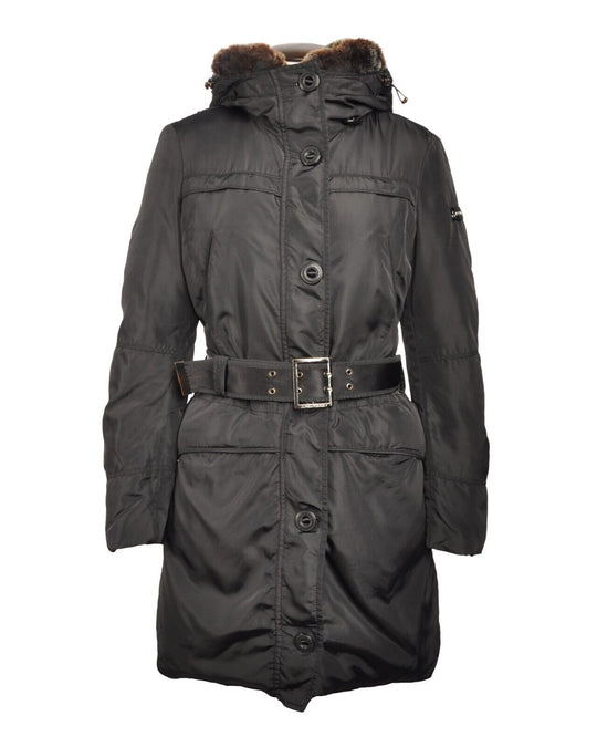 PEUTEREY Goose Down Jacket Black Faux Fur Trim Hood Womens Goretex Coat Size 42