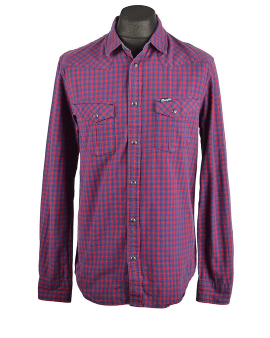 WRANGLER Red Check Men's Blue Denim Shirt Size L Slim
