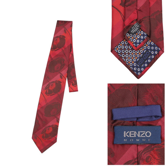 KENZO Homme Tie Red Floral Pattern Silk Mens Woven Necktie