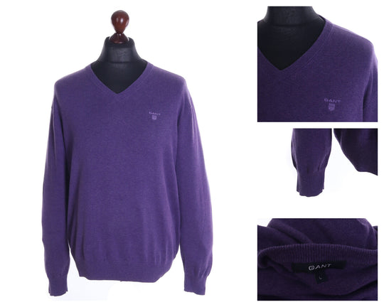 Men's GANT Purple 100% Cotton V-Neck Sweater Size L