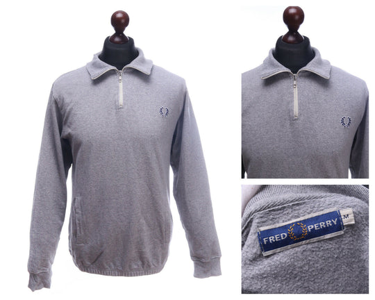 FRED PERRY Vintage Grey Cotton Zip-Neck Jumper Sweater Size M