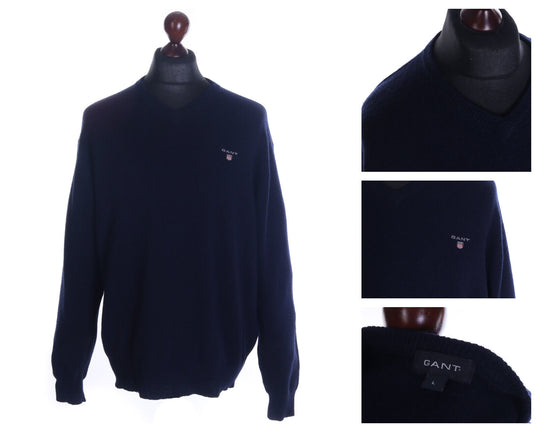 Men's GANT Navy Blue V-Neck 100% Lambswool Sweater Size L