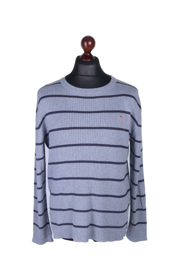 Men's POLO JEANS & CO RALPH LAUREN Grey Stripe 100% Cotton C-Neck Jumper Size M