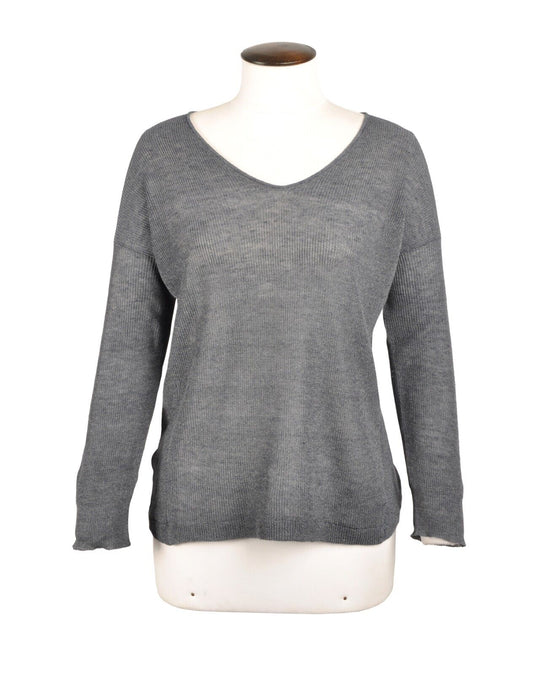 FABIANA FILIPPI Sweater Gray V-Neck Ribbed Knit Drop Shoulder Womens Pullover XS