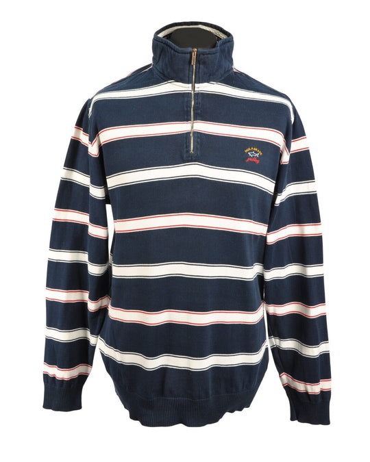 PAUL & SHARK Pullover Navy Blue Striped Zip Neck Men's Jumper Size L