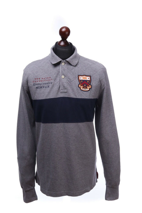Men's GANT Grey Cotton Elbow Patch Polo Neck Rugby Sweater Jumper Size L