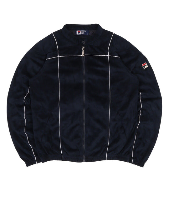 Men's Vintage FILA White Line Navy Blue Full Zip Racing Jacket Size S