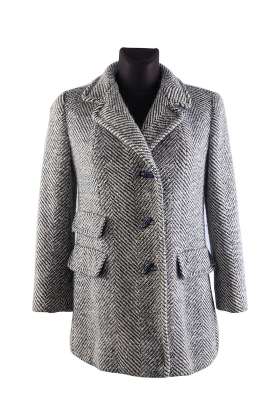 AQUASCUTUM Grey 100% Tweed Wool Mid-Length Herringbone Coat Size S