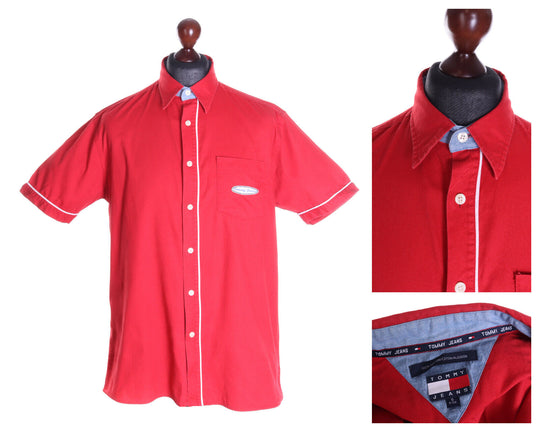 Men's TOMMY HILFIGER JEANS Red 100% Cotton Short Sleeve Shirt Size s