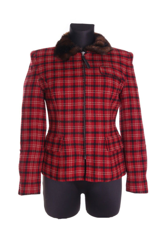 Women's RALPH LAUREN Red Check Wool Blend Full Zip Jacket Size 4 Petite