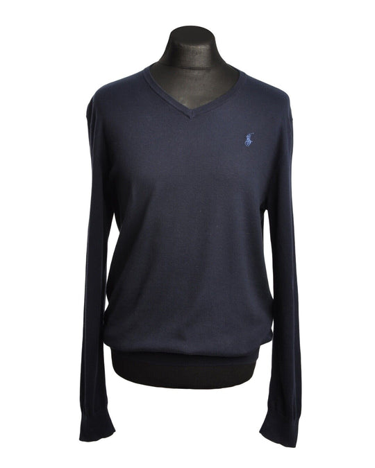 Polo RALPH LAUREN Jumper Navy Blue Cotton V Neck Men's Pullover Size M Slim Fit