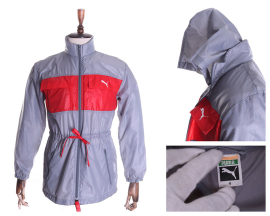 PUMA Silver Grey Adjustable Packable Lightweight Windbreaker Jacket Size 4