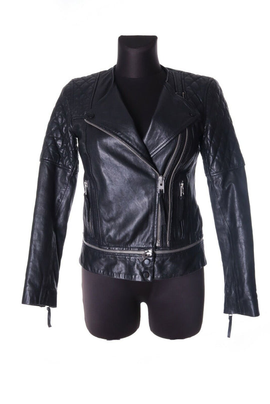 Women's ALL SAINTS Black Leather C-Neck RUNNELL BIKER Jacket Size 8 / 36