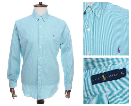 Men's RALPH LAUREN Green Pinstripe Cotton Shirt Size XL