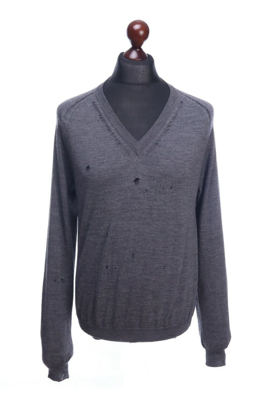 Christian DIOR Homme 2005 Grey Wool Distressed V-Neck Sweater Jumper Size L