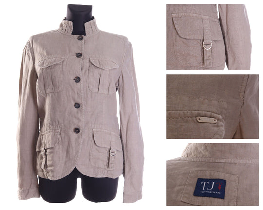Women's TRUSSARDI JEANS Beige 100% Linen Multipocket Jacket Size 44