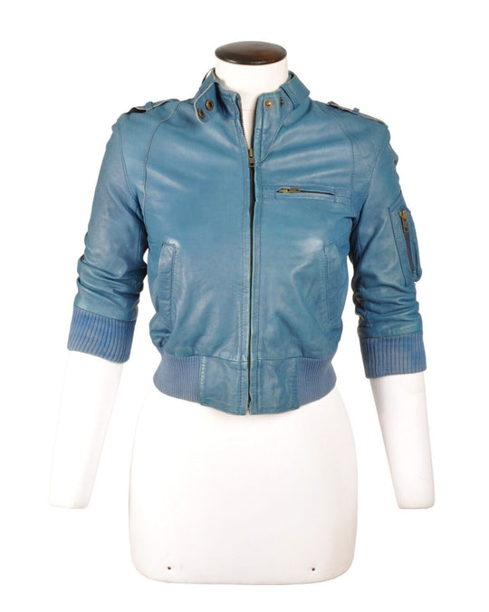 ALLSAINTS Cropped Tab Neck Bomber Jacket Blue Short Women's Size 10 UK / 38 EU