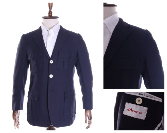 Men's D'AVENZA Navy Blue Cotton Multipocket Safari Blazer Jacket Size 40 R