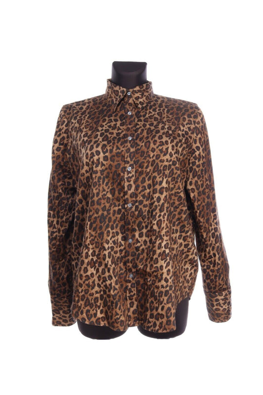 RALPH LAUREN Brown Cotton Animal Leopard Print LS Shirt Blouse Size L