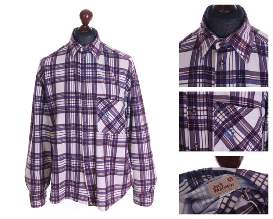 Men's JACK WOLFSKIN Purple Check Polyester Long Sleeve Flannel Shirt Size L